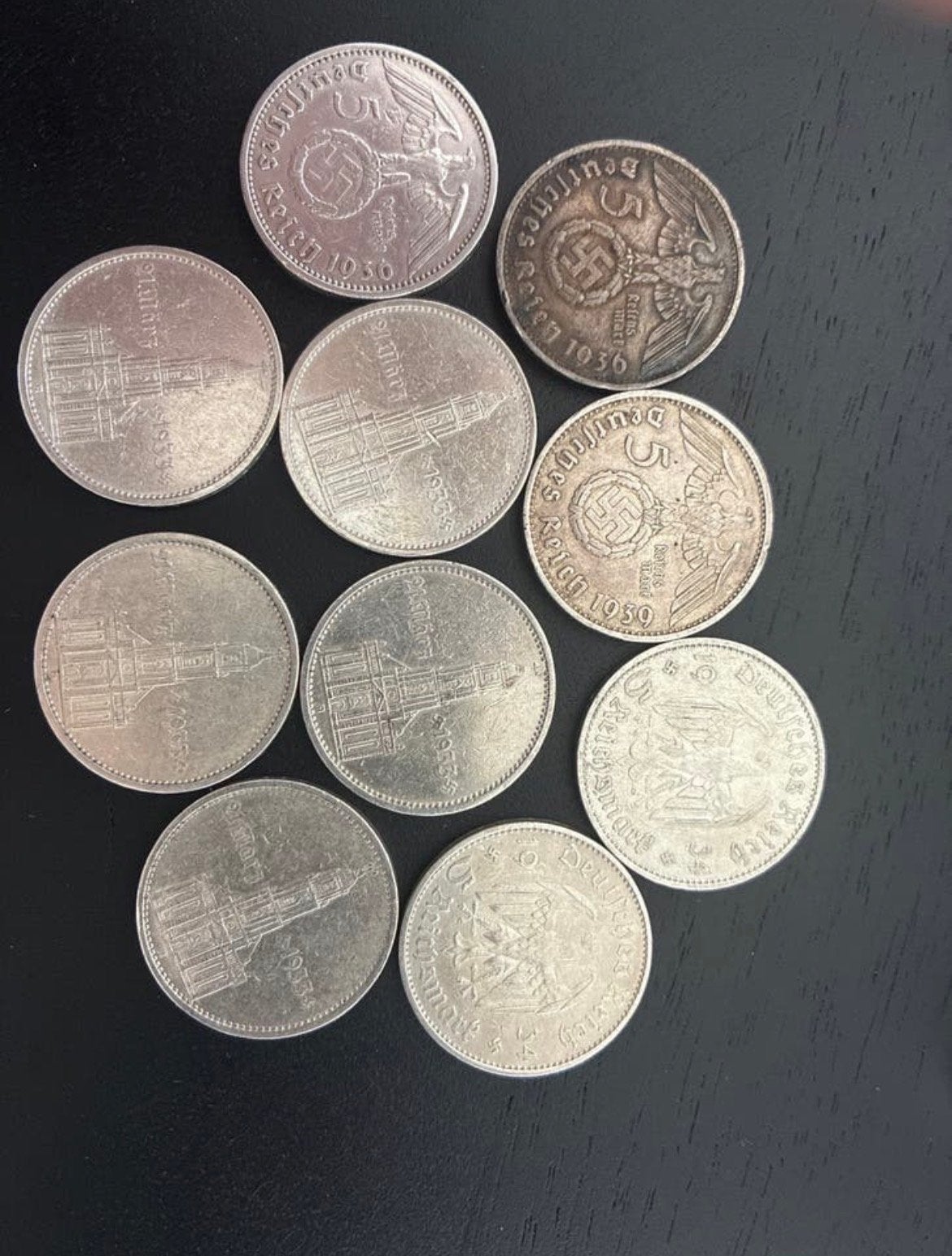 10 x 5 Reichsmark munten met hakenkruis en datum, Ophalen of Verzenden, Duitsland, Setje, Zilver