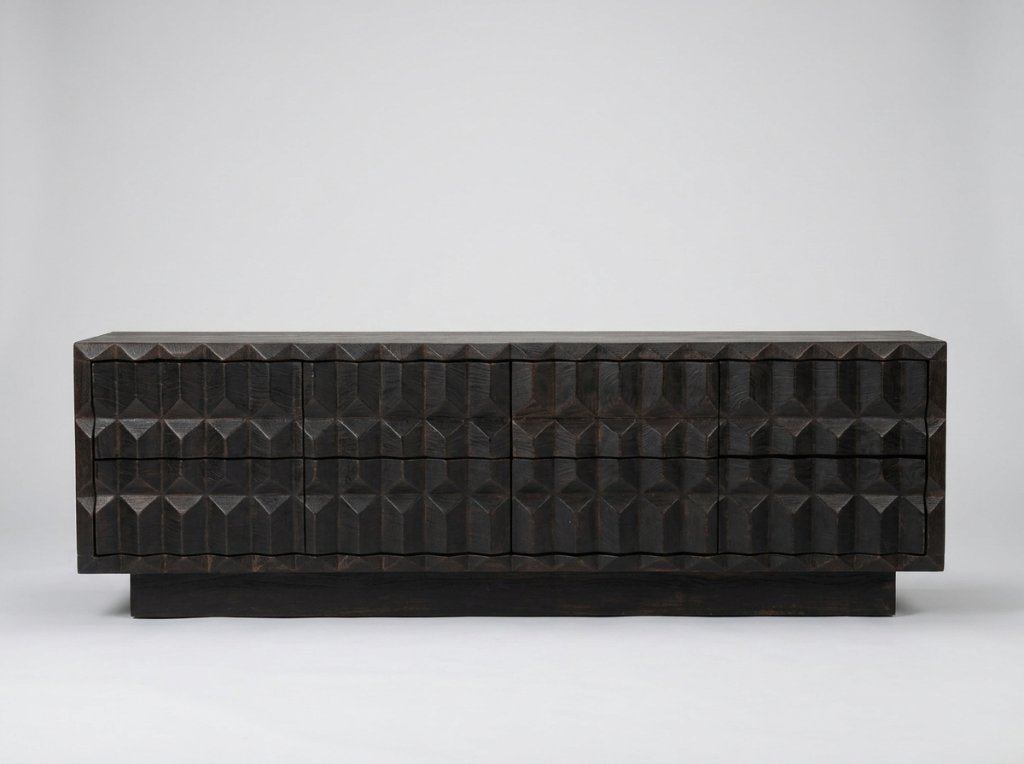Zwart mangohouten dressoir – brutalist – handgesneden, Met plank(en), Verzenden, 150 tot 200 cm, Nieuw