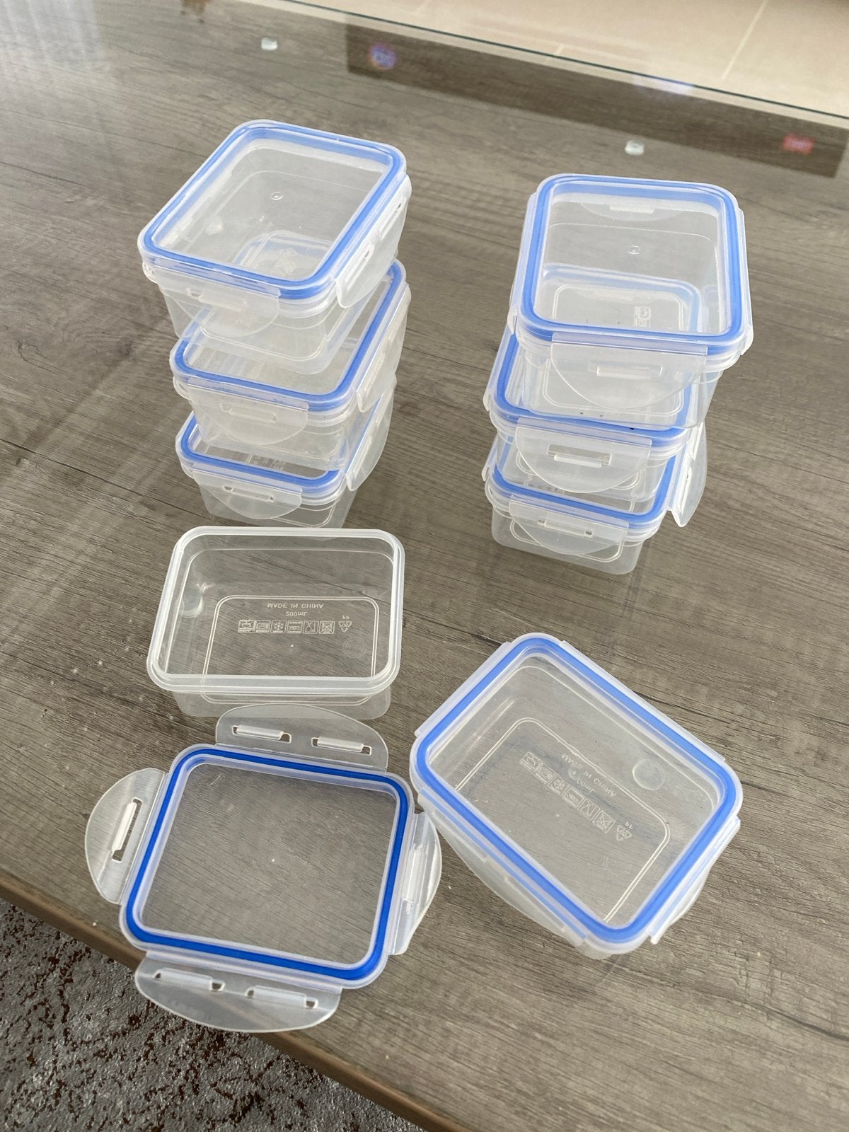 Set van 8 plastic voorraadbakjes met blauwe rand, Gebruikt, Kunststof, Ophalen of Verzenden, Voorraadpot
