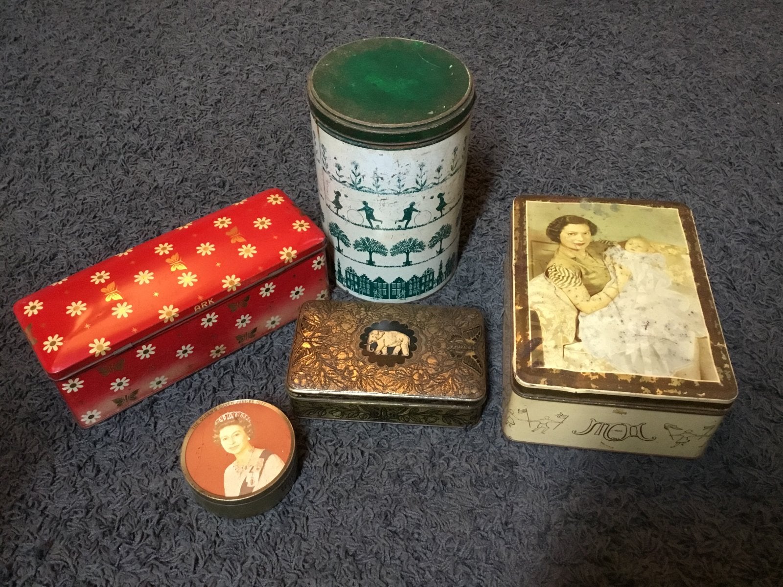 Set van 5 Vintage Blikken Trommels - Diverse Ontwerpen, Ophalen of Verzenden, Gebruikt, Overige, Overige merken