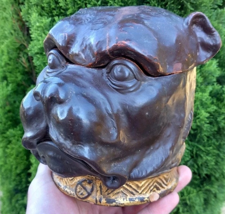 Antieke 19e eeuwse terracotta hond pot buldog halsband, Ophalen of Verzenden