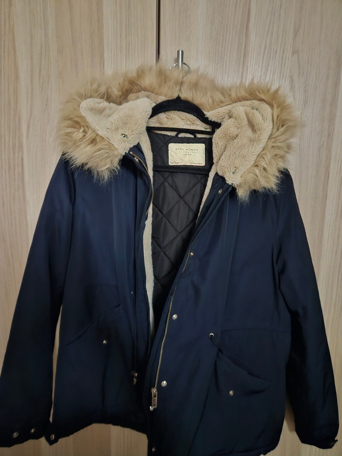 Zara jas met teddy voering en bontkraag, Maat 38/40 (M), Blauw, Zara, Ophalen of Verzenden