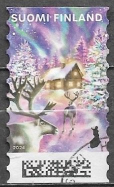 FINLAND € 2,50 Kerstzegel- Rendieren bij verlicht huis 2024, Verzenden, Finland, Gestempeld