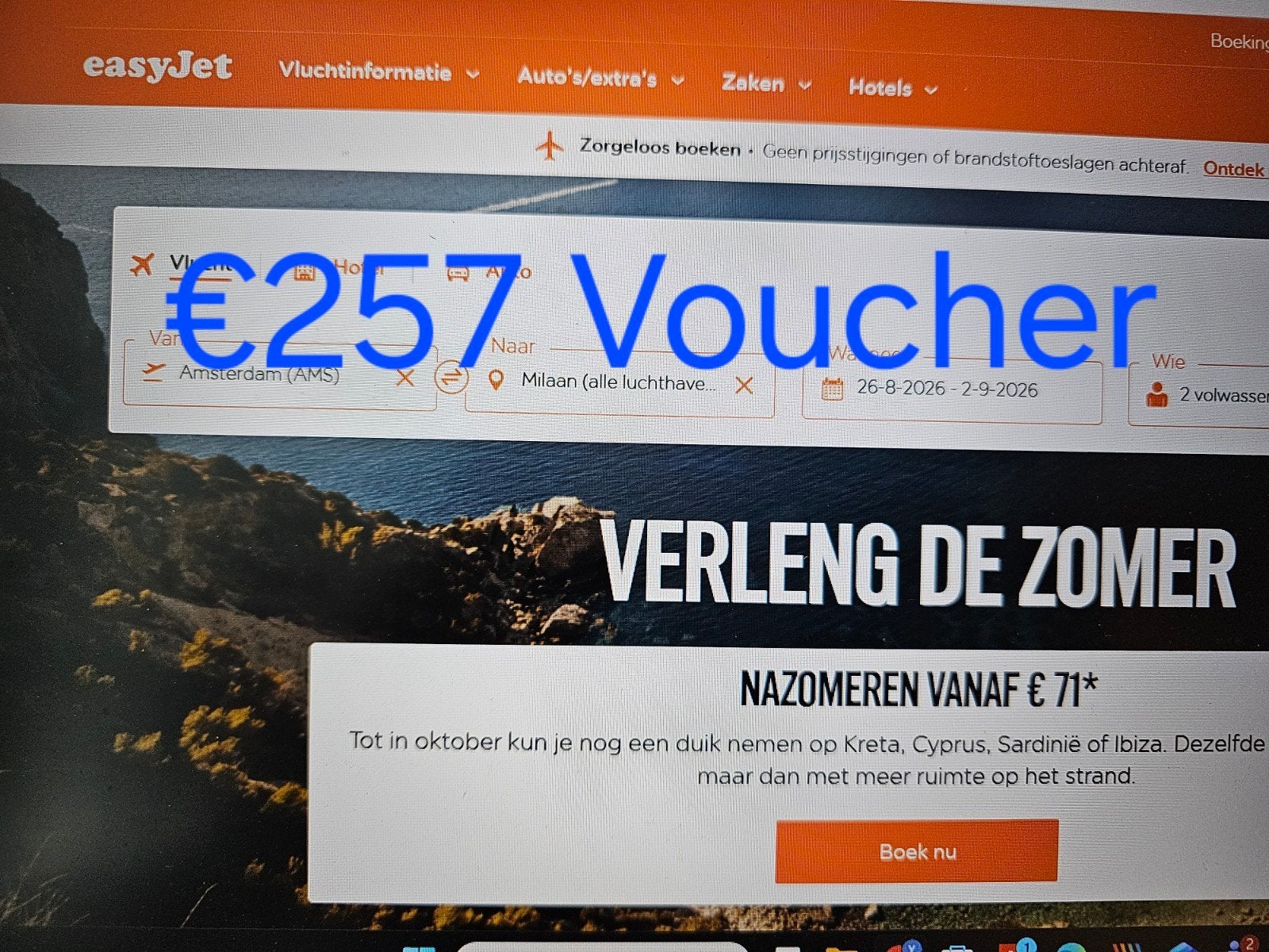 Easyjet voucher t.w.v. 257€ vrij te besteden voor alle vluch, Eén persoon