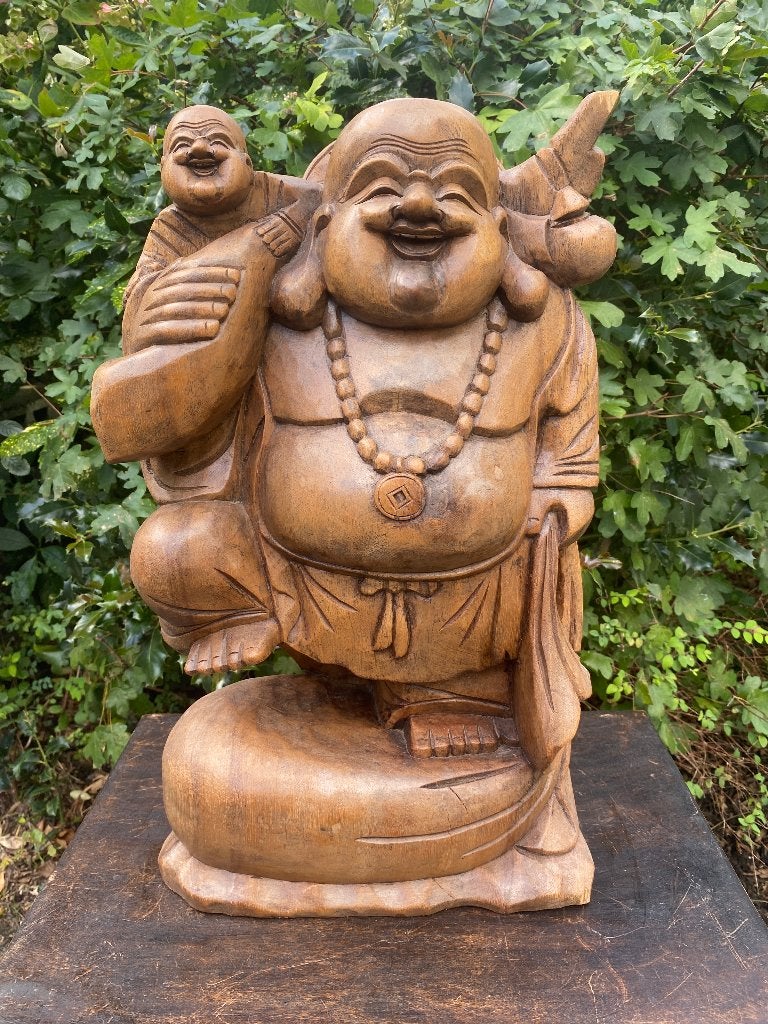 Houten Happy Boeddha beeld met kind 50 suarhout indonesie, Huis en Inrichting, Gebruikt, Ophalen of Verzenden, Hout, Bruin