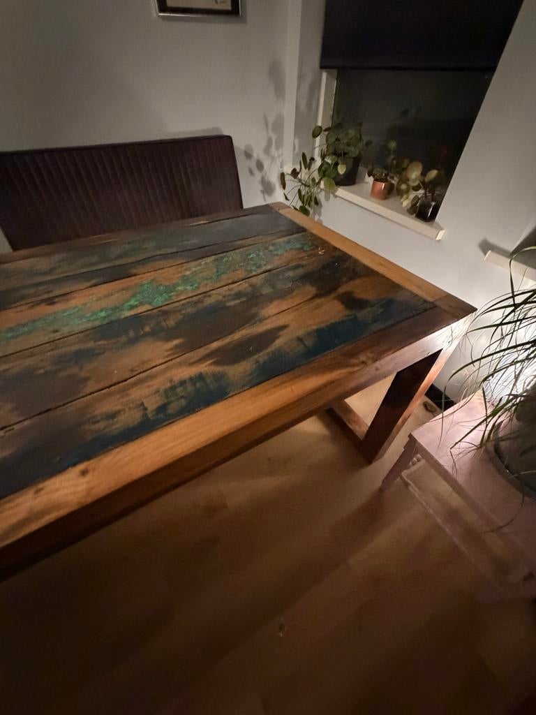 Robuuste eettafel van boothout - 180x90x78cm, Ophalen, Gebruikt, 50 tot 100 cm, 150 tot 200 cm