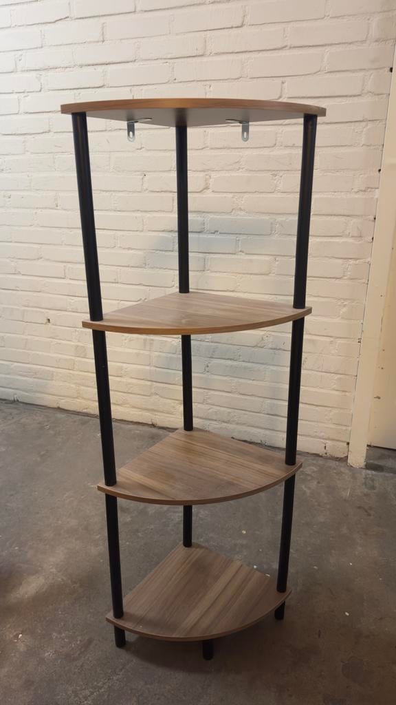 Hoekkastje met 4 planken - Hout en Zwart Metaal, Huis en Inrichting, Kasten | Overige, Ophalen, Gebruikt