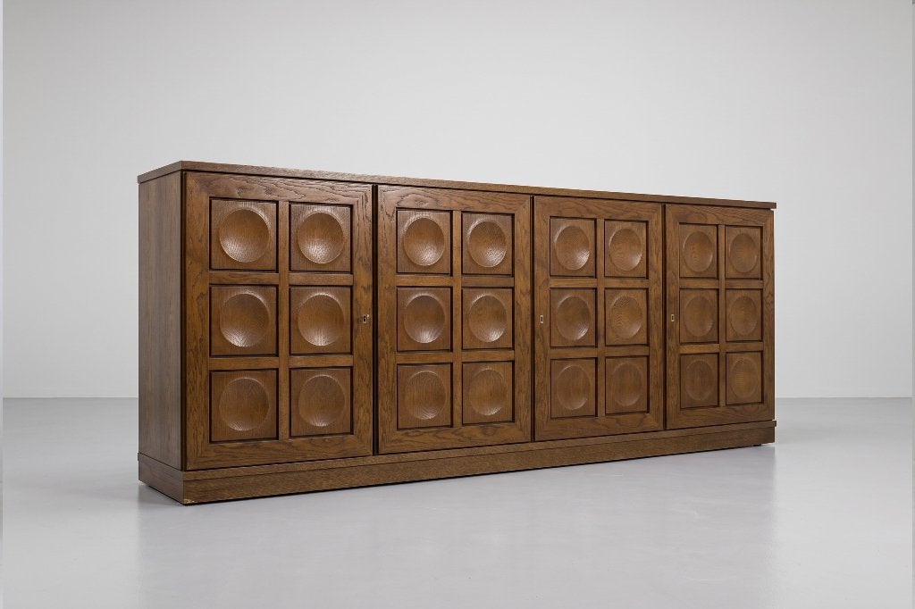 Vintage Brutalist Sideboard 1970s Gerhard Bartels, Eikenhout, Met lade(s), Ophalen of Verzenden, 200 cm of meer