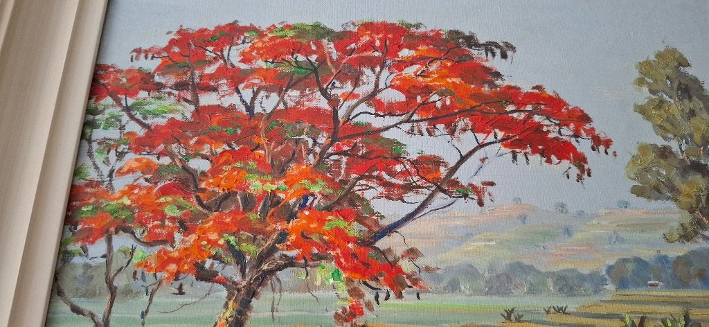 Indonesisch Schilderij GA Kadir Flamboyant Sawah, Doek, Ophalen of Verzenden, Gesigneerd, Landschap
