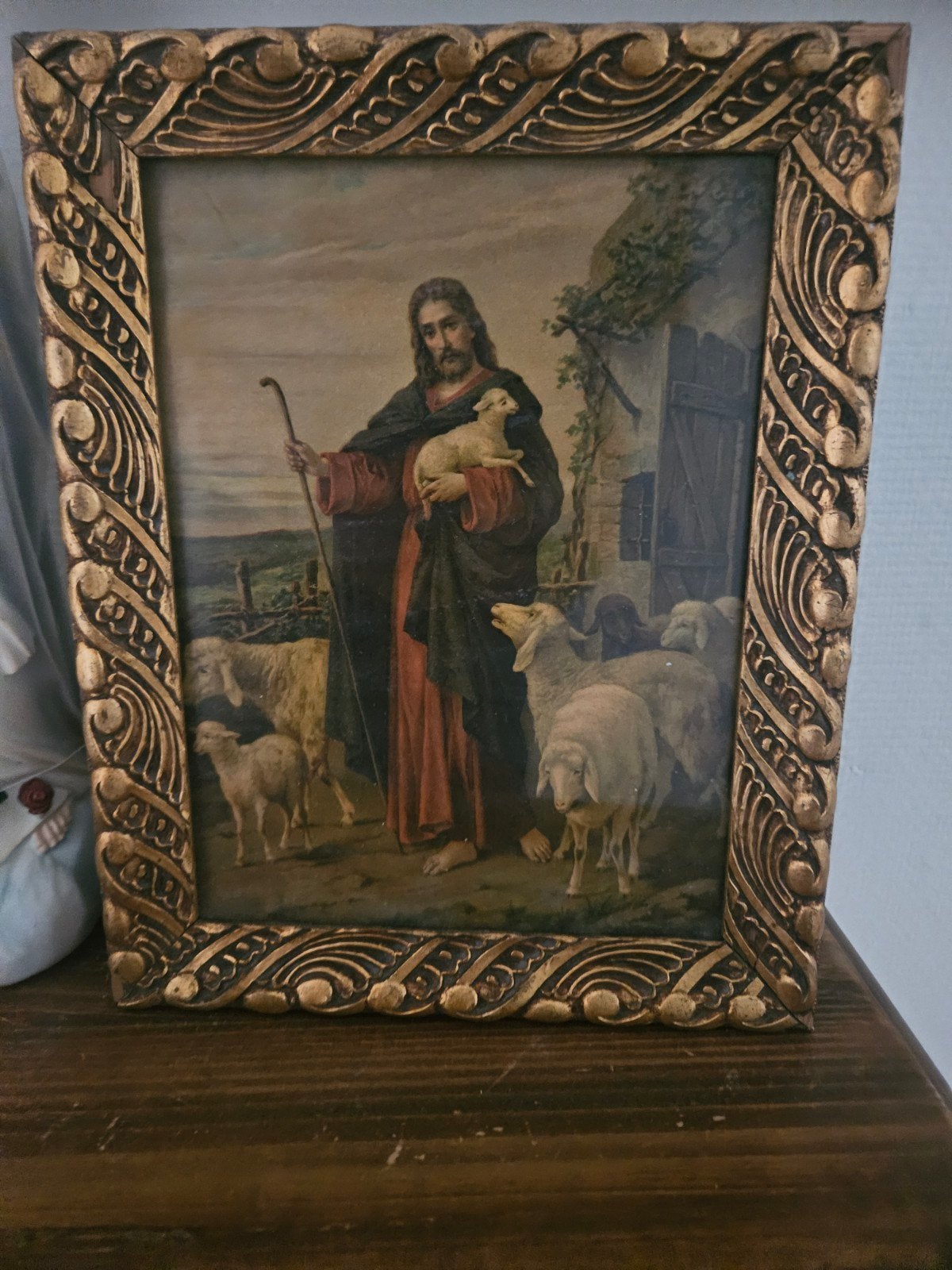 religieuze oud schilderij met houten lijst, Antiek en Kunst, Ingelijst, Portret of Personen, Overige technieken, Ophalen of Verzenden
