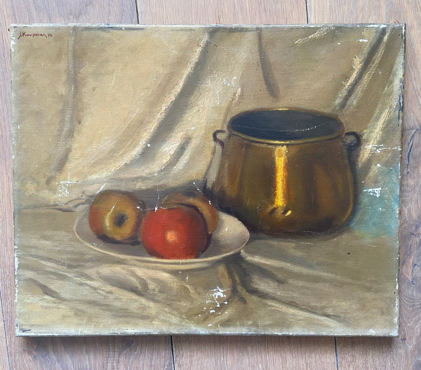 J. Koopman ‘50  stilleven appels en koperen pot, gesigneerd, Antiek en Kunst, Ophalen, Doek, Stilleven, Gesigneerd