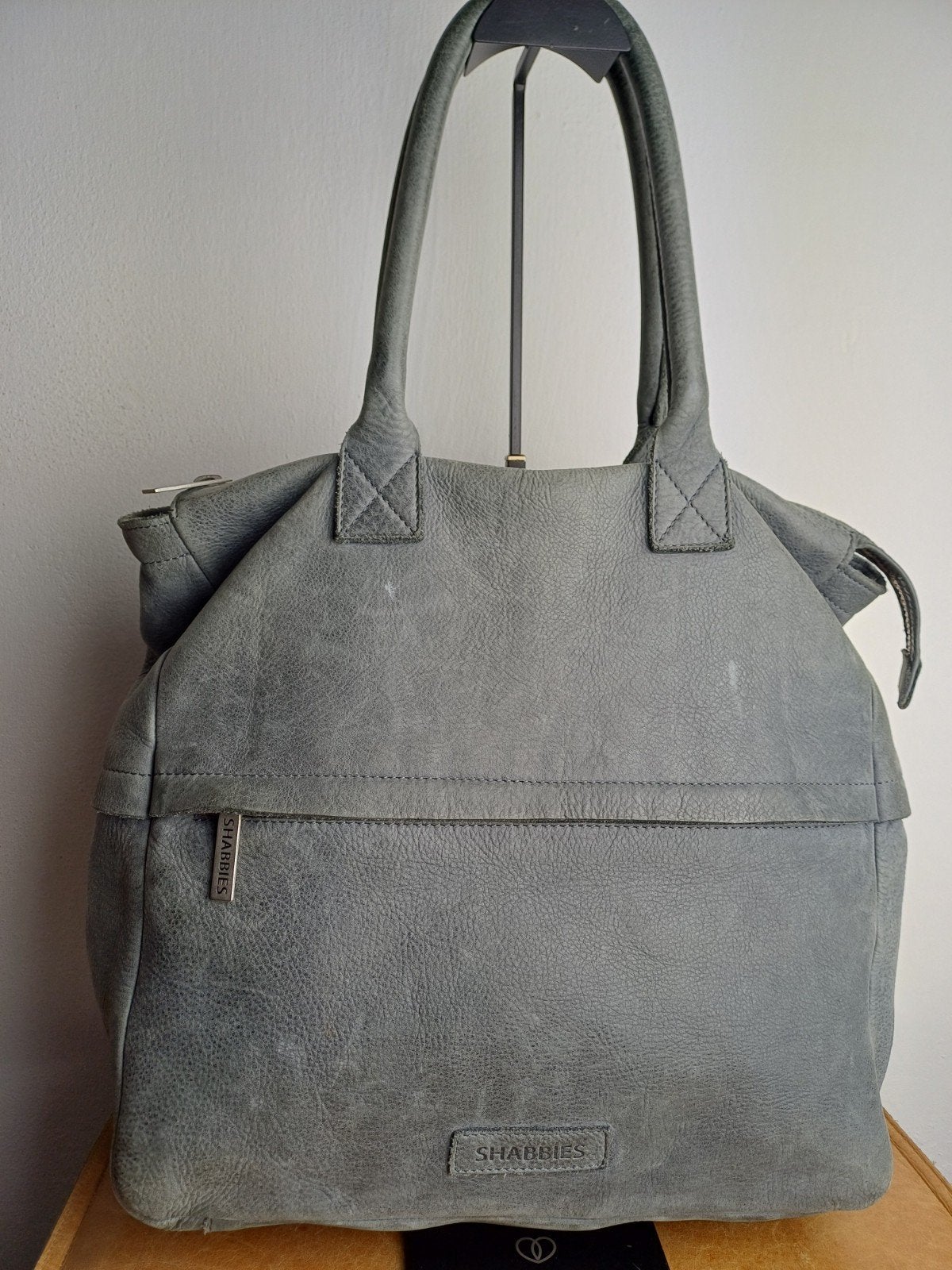 Grote werktas van zacht grijsblauw leer Shabbies, Ophalen of Verzenden, Zo goed als nieuw, Blauw, Handtas