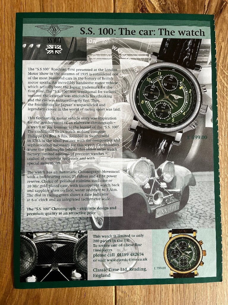 Jaguar S.S. 100 horloge originele advertentie, Ophalen of Verzenden, Gebruikt