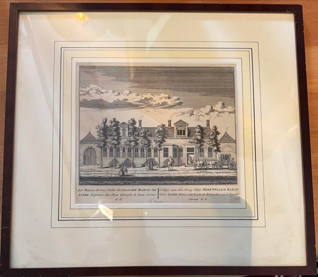 Antieke Gravure: Huis van Willem Baron van Liere (1725), Ophalen of Verzenden