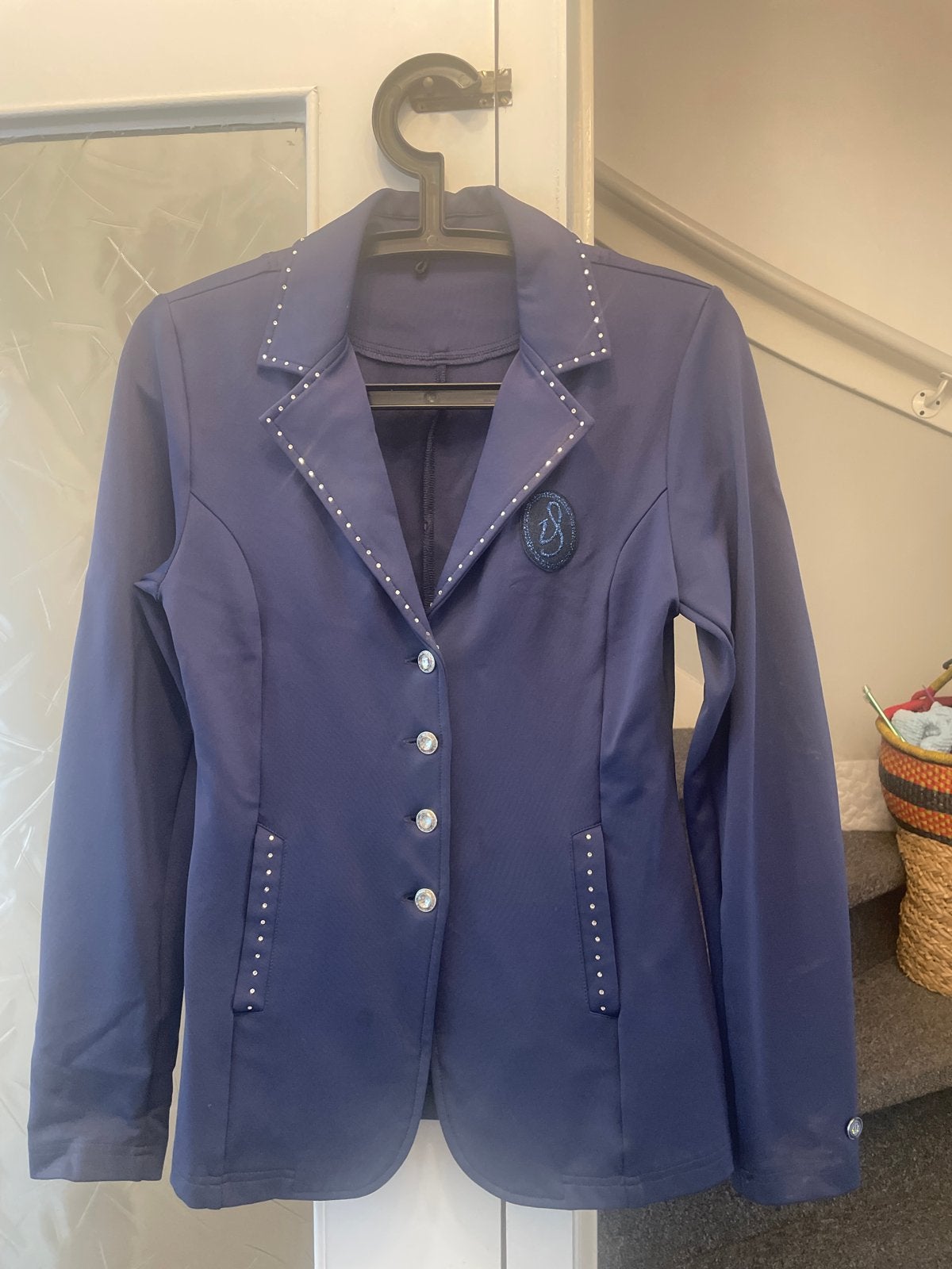 Dressuur jasje maat M elastisch blauw met steentjes, Ophalen of Verzenden, Zo goed als nieuw