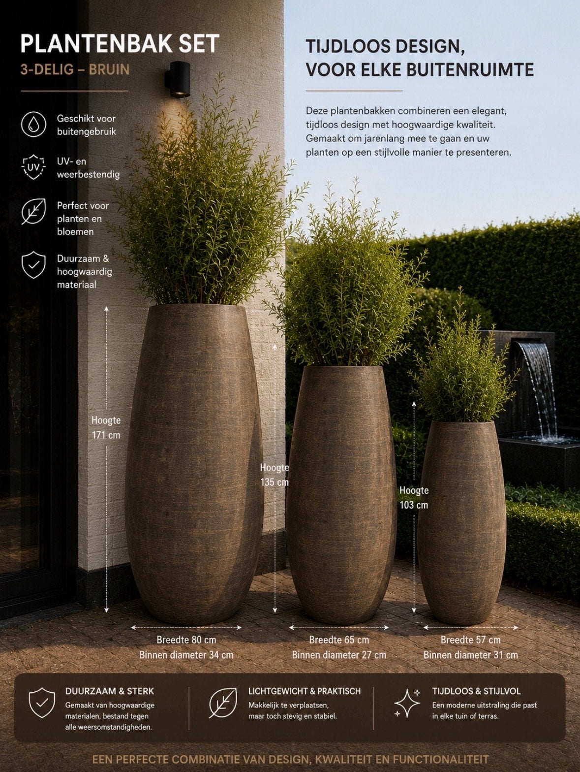 Grote set van 3 bruine bloempotten - Tijdloos design, Tuin en Terras, Ophalen, Overige materialen, Rond, Nieuw