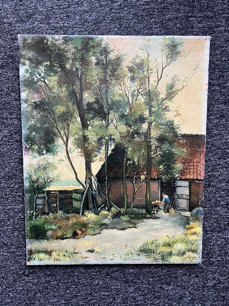 Schilderij Gesigneerd J. Keiser Landschap Boerderij Bomen, Antiek en Kunst, Ophalen of Verzenden