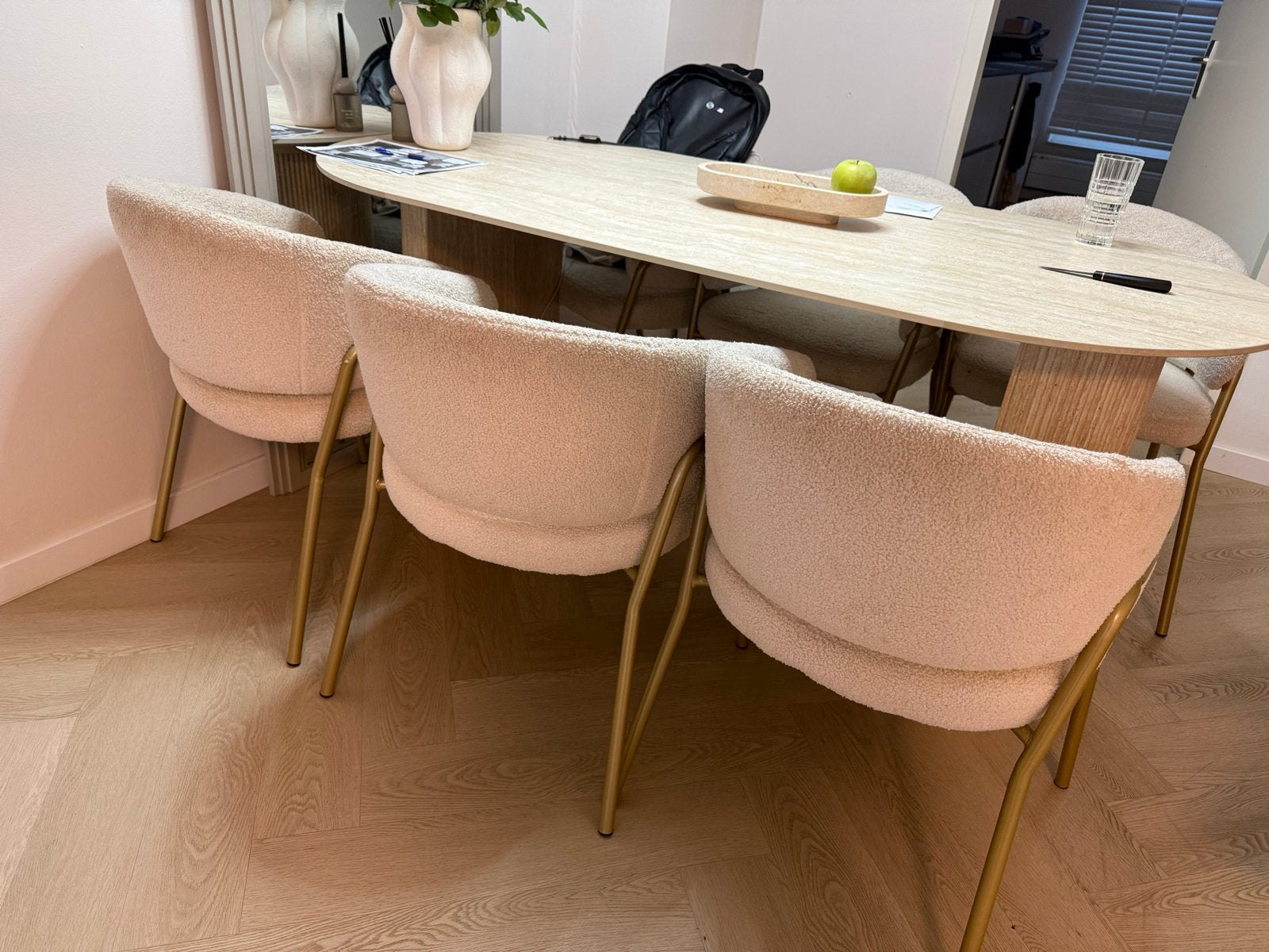Set van 6 Bouclé Eetkamerstoelen - Crème/Goud