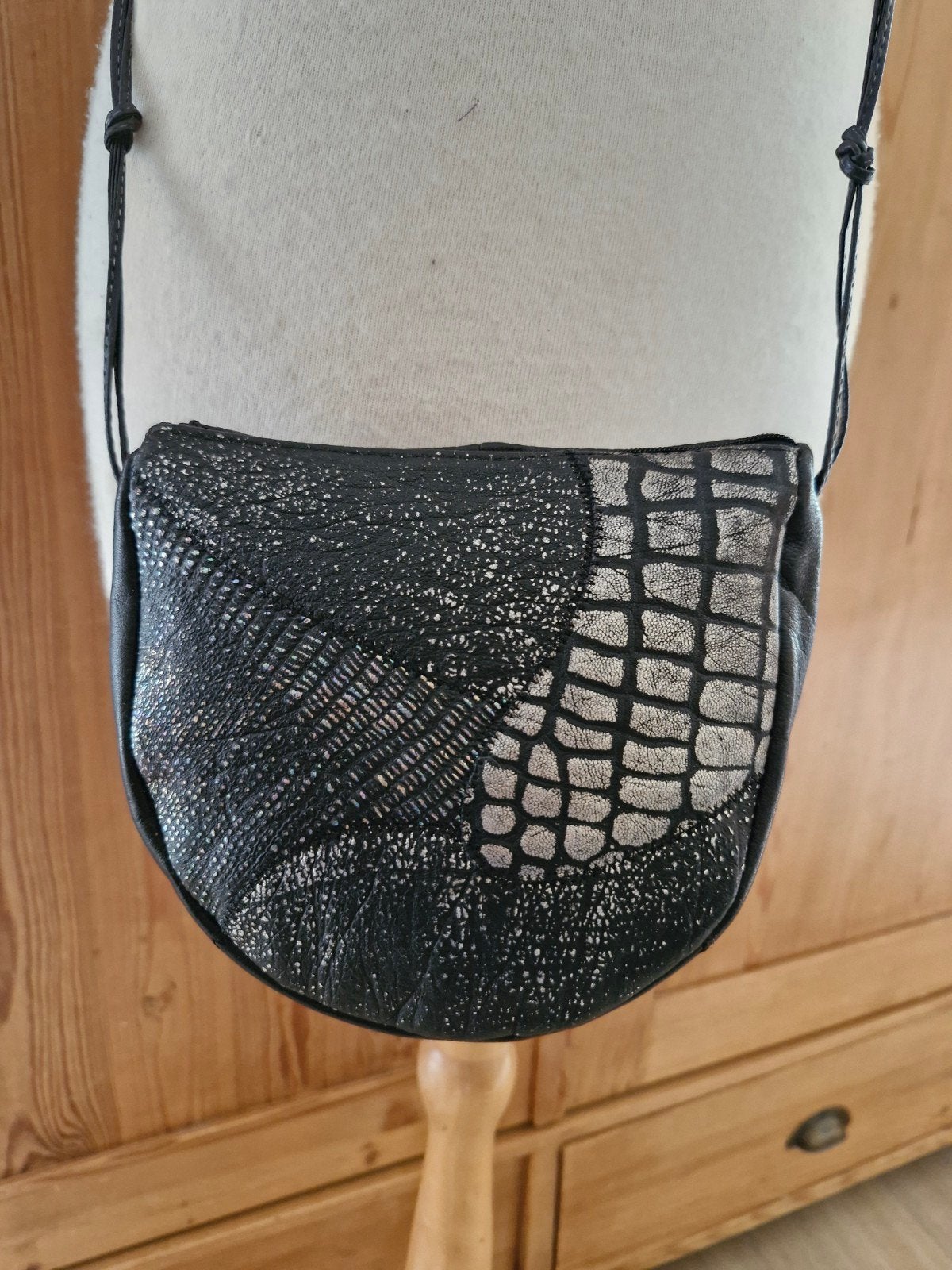 Vintage jaren '80 zwart leren tasje zilver details zgan, Sieraden, Tassen en Uiterlijk, Overige merken, Zwart, Ophalen of Verzenden