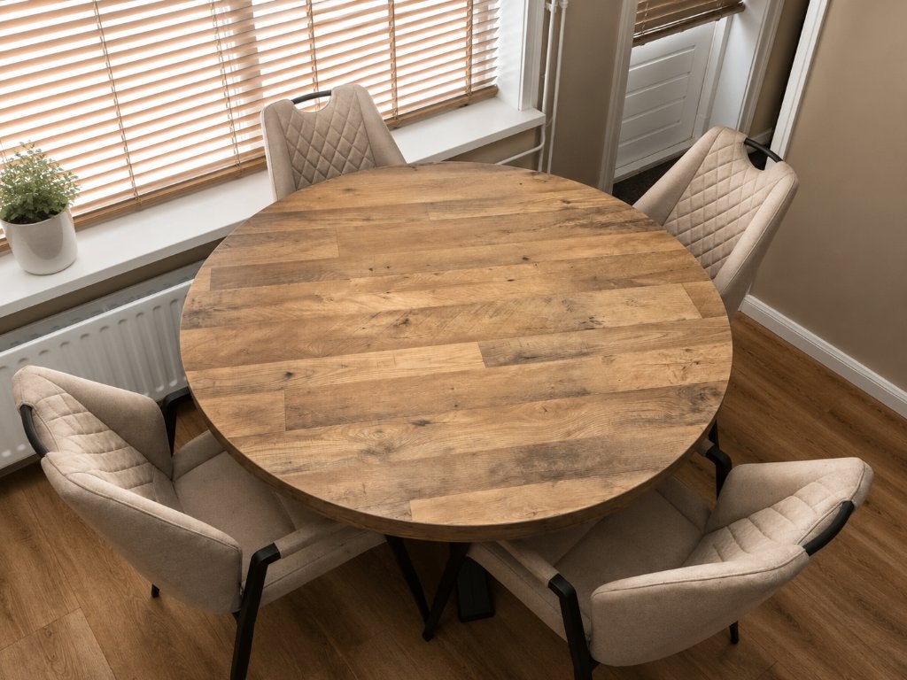 Ronde eettafel met 4 beige stoelen – 1 jaar oud, Ophalen, Rond, Zo goed als nieuw, Vier personen