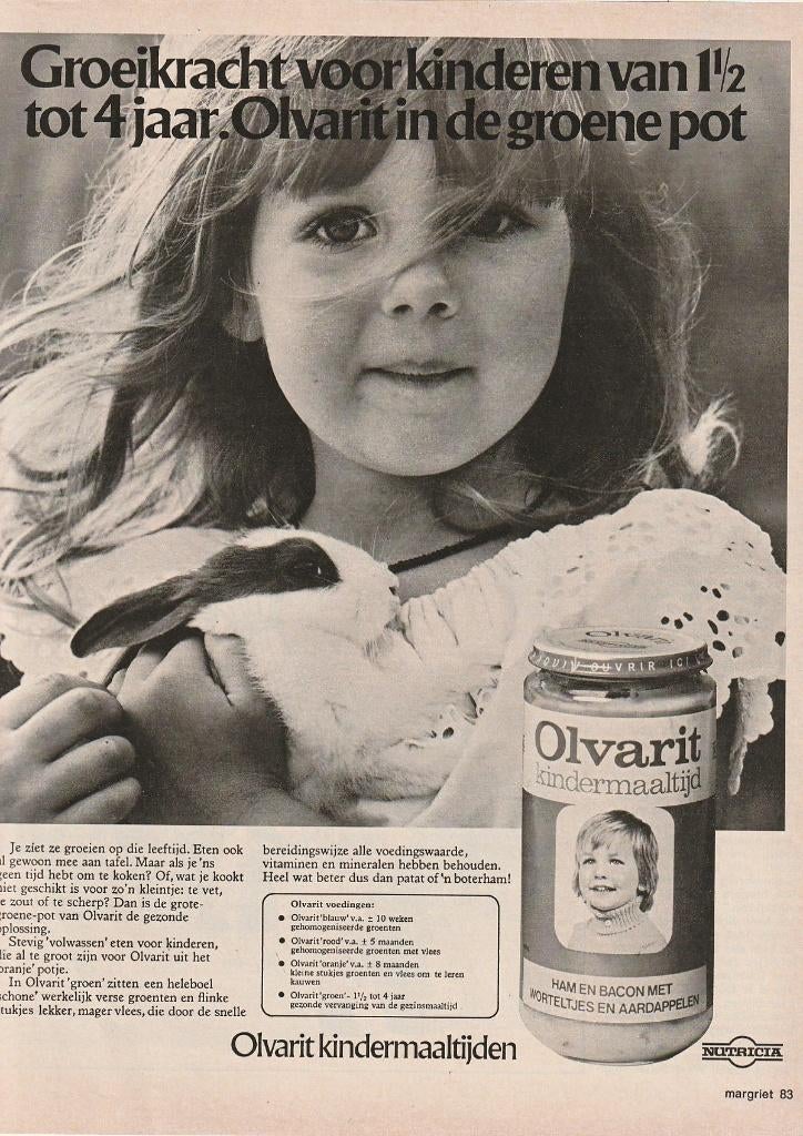 Retro reclame 1975 Nutricia Olvarit meisje met konijntje, Verzamelen, Verzenden, Overige typen