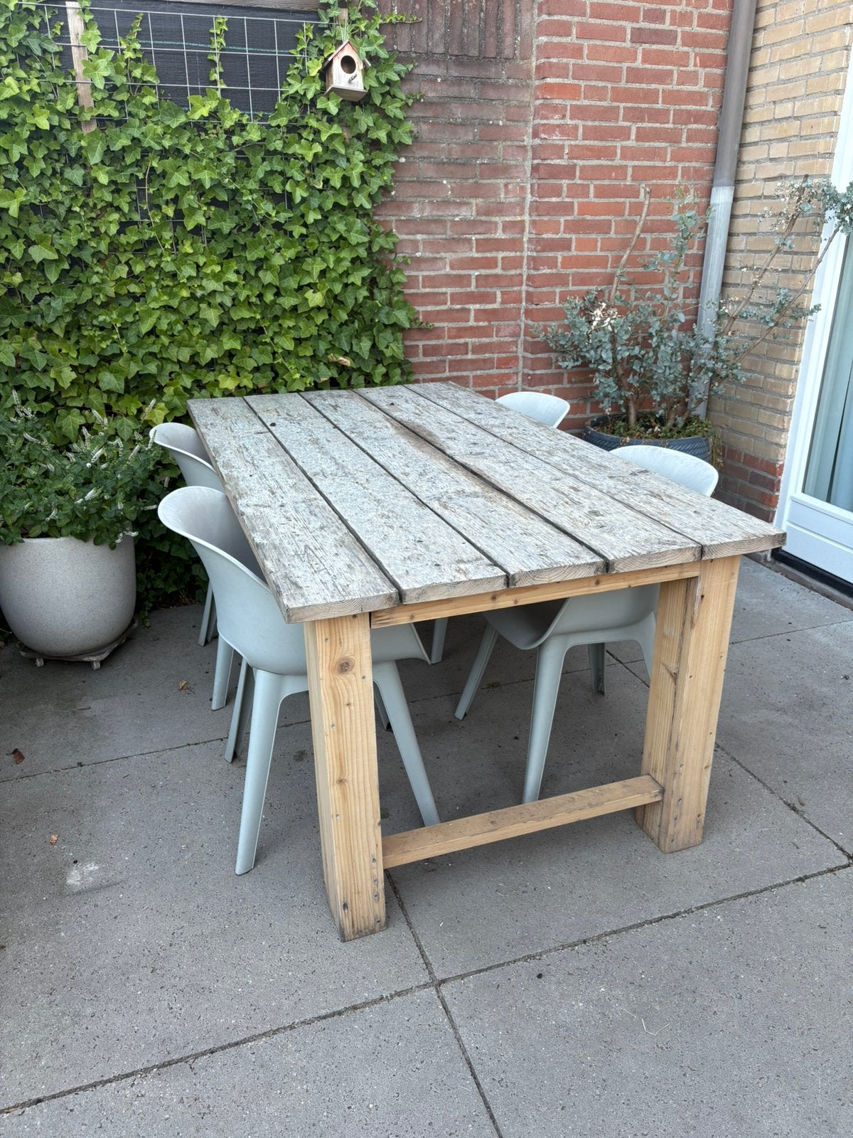 Steigerhouten tuintafel + stoelen, Tuin en Terras, Ophalen, Gebruikt, Rechthoekig, Hout