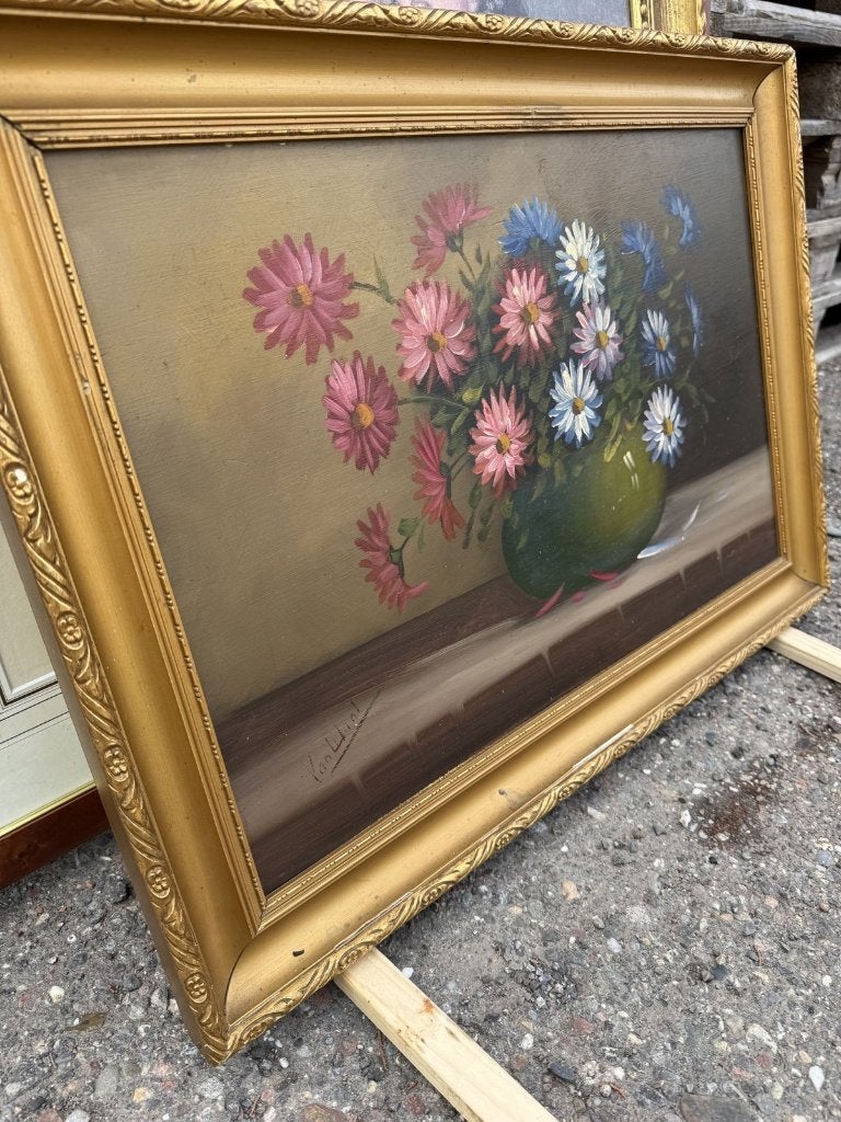 Olieverf schilderij bloemstilleven gesigneerd gouden lijst, Ophalen, Ingelijst