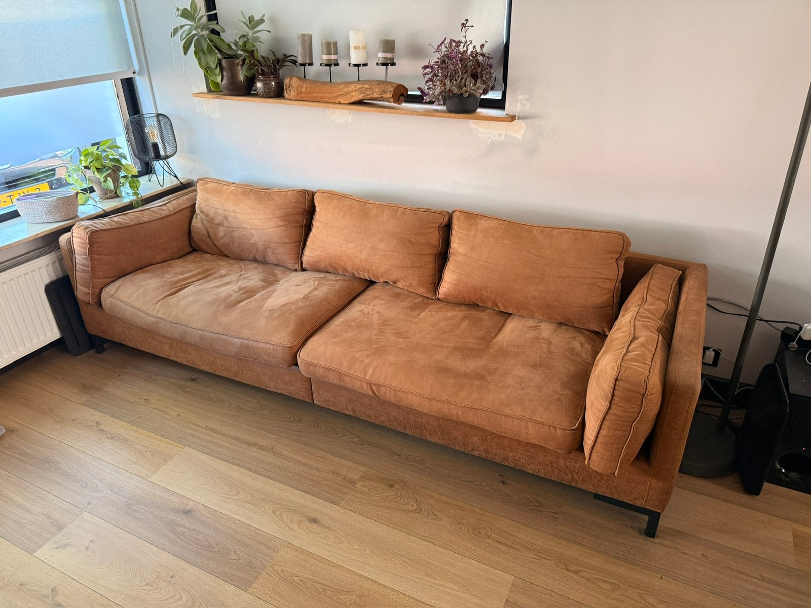 Cognac bruine microleder bankstel, Huis en Inrichting, Ophalen, Zo goed als nieuw, 75 tot 100 cm, 200 tot 250 cm