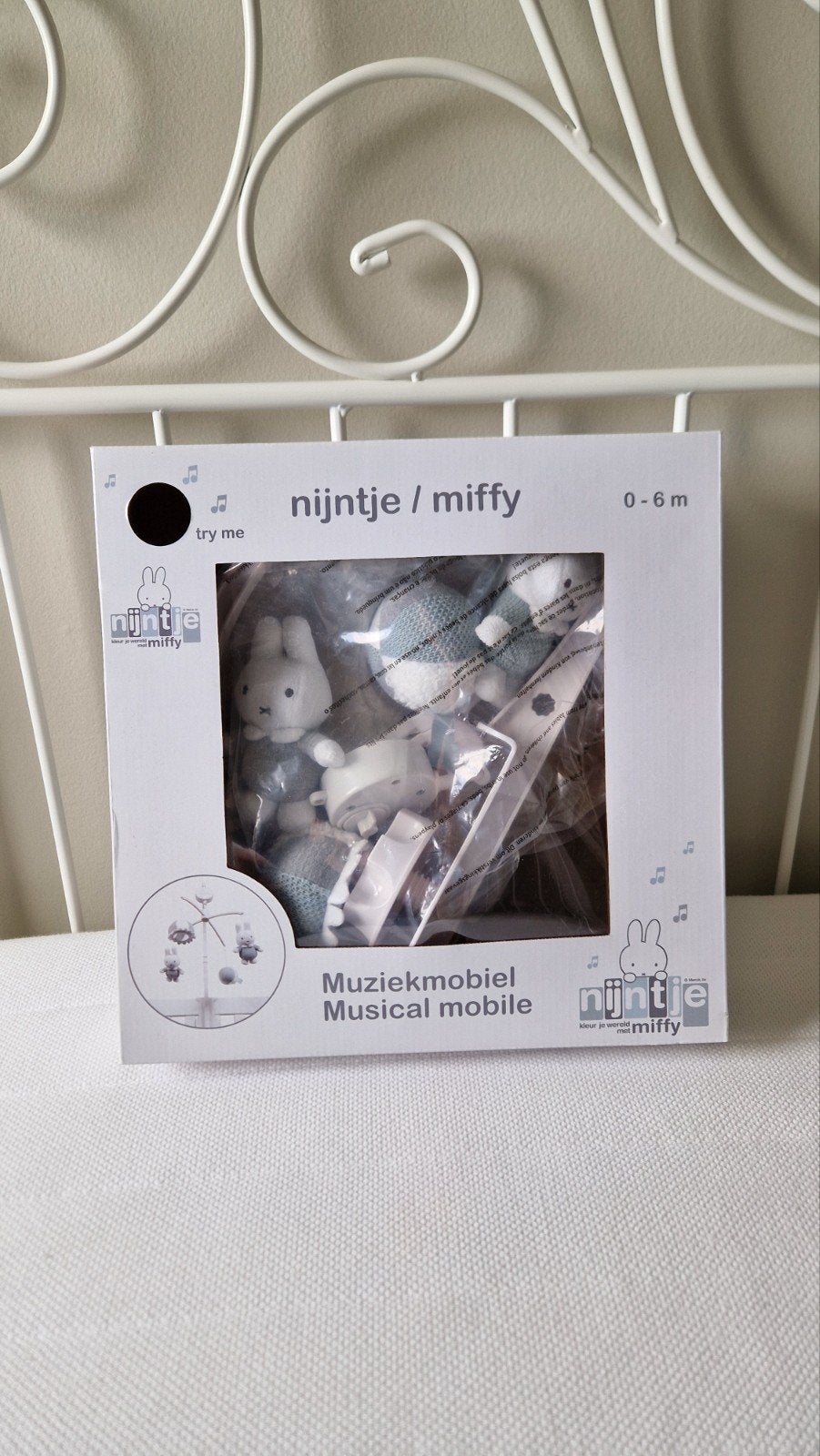 Nijntje/Miffy Muziekmobiel voor baby's 0-6 blauw grijs maand, Ophalen, Gebruikt, Mobiel, Met geluid