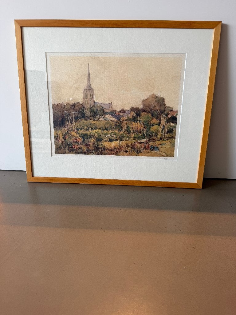 Frans Manders sepia-aquarel Geldrop Zesgehuchten, Ingelijst, Overige technieken, Ophalen of Verzenden, Landschap