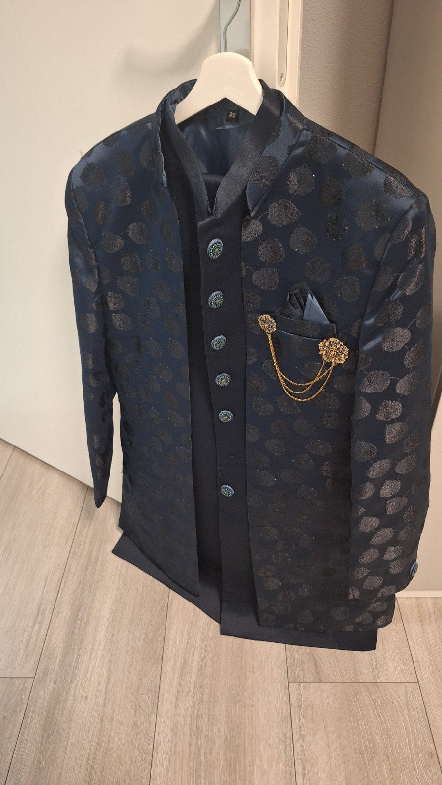 Mooie Indiase Sherwani - Donkerblauw met patroon, Kleding | Heren, Onbekend, Blauw, Ophalen of Verzenden, Zo goed als nieuw