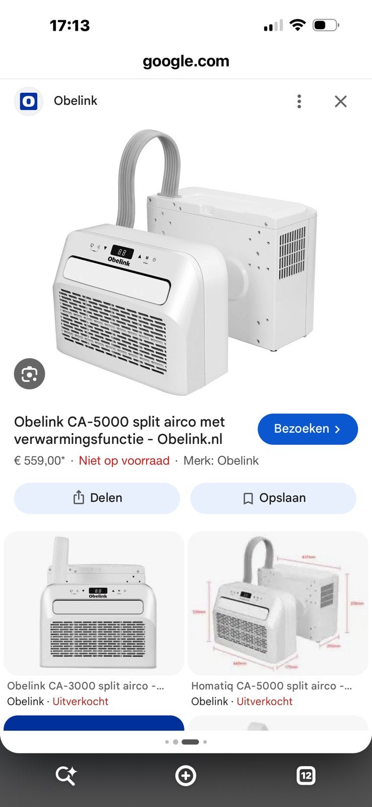 Obelink split Airco 5000 compact en Efficiënt, Ophalen, Minder dan 60 m³, Timer, 3 snelheden of meer