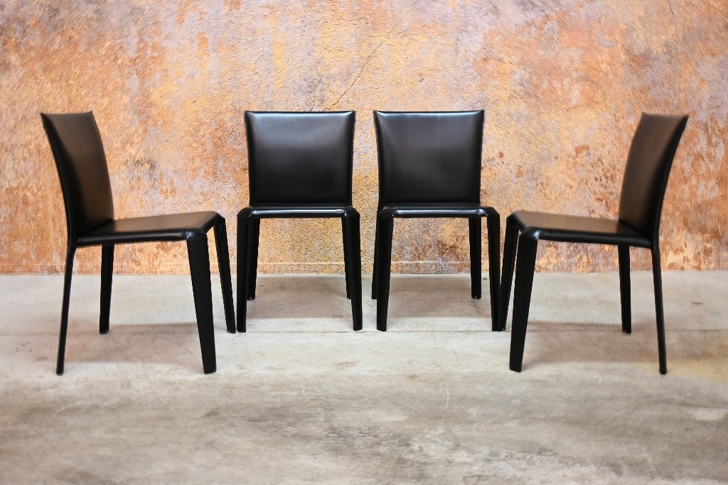 ZGANieuw! 4 zwarte leren Bontempi Clark design stoelen, Bontempi, Zwart, Ophalen of Verzenden, Zo goed als nieuw