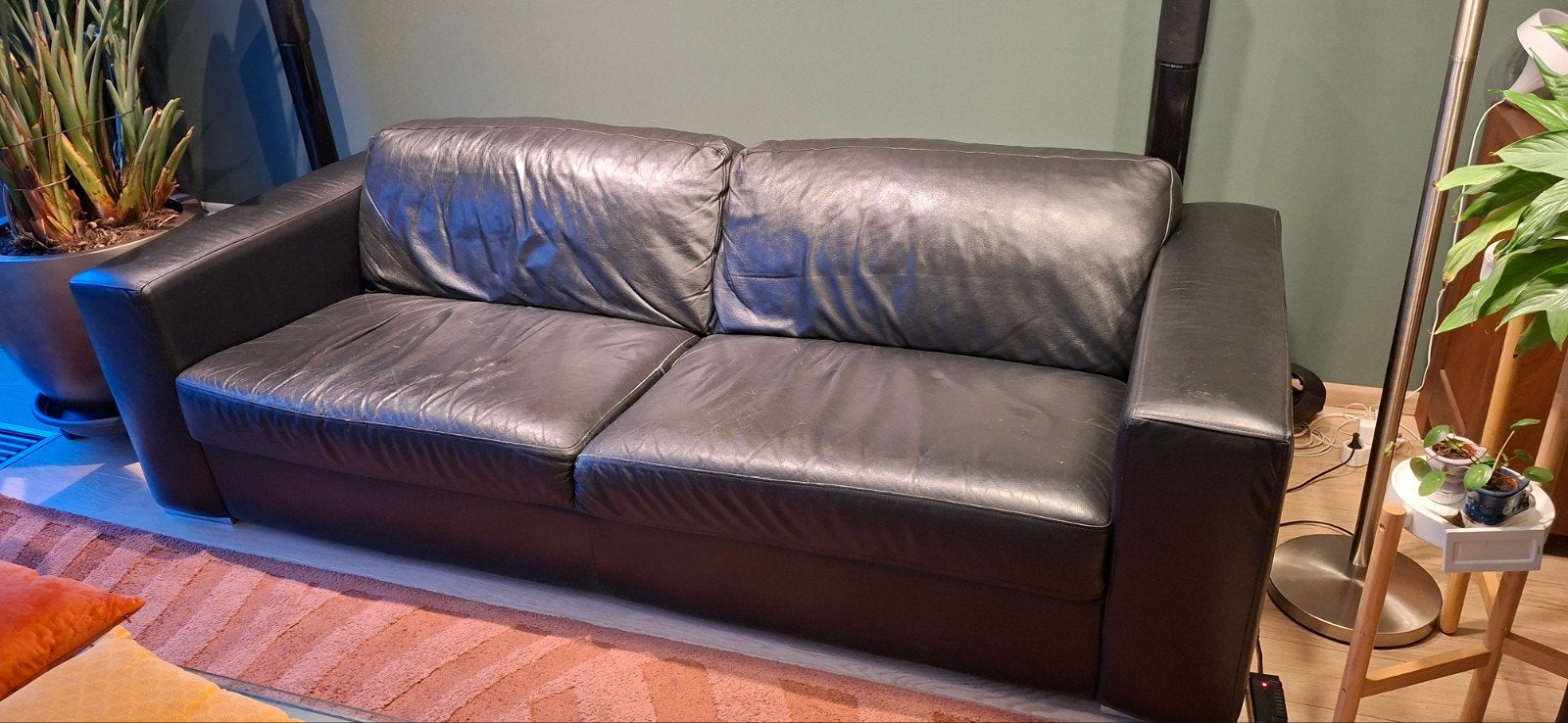 Zwart leren 3-zits bank met 2 losse stoelen, Huis en Inrichting, Ophalen, Gebruikt, 200 tot 250 cm, Leer
