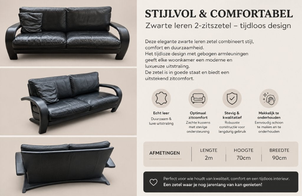 2 Zwarte leren 2-zitszetels – stijlvol & tijdloos, Huis en Inrichting, Fauteuils, Ophalen, Gebruikt, Elegant, Leer