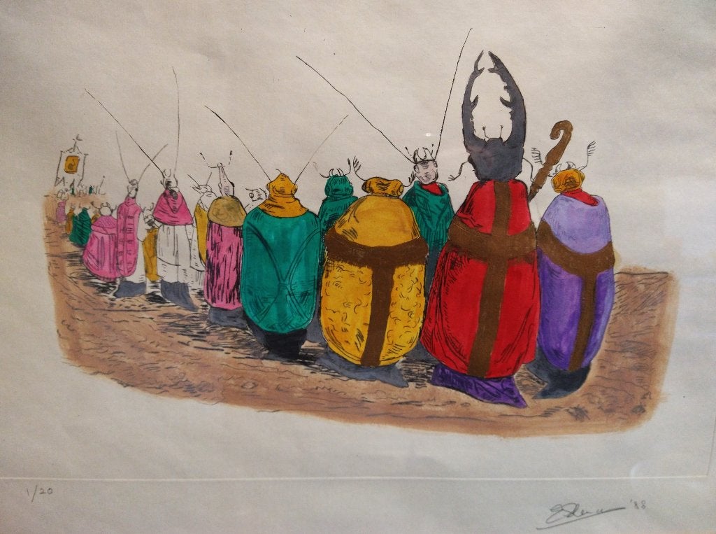 Grote kleuren ets met fabeldieren naar Grandville, Antiek en Kunst, 2000 tot heden, Ets, Ophalen of Verzenden, Origineel