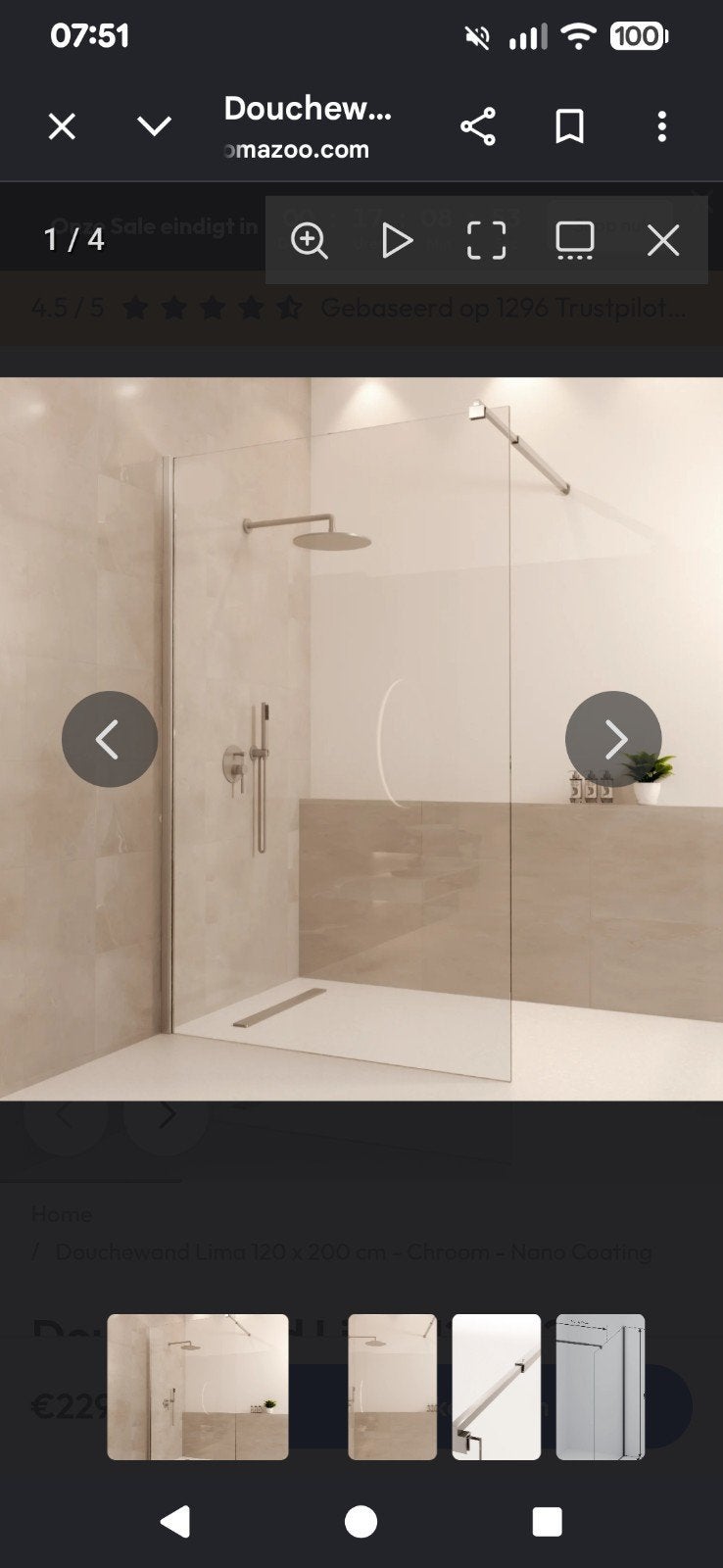 Douchewand  107,5-199,5 cm - Chroom - Nano Coating, Ophalen, Gebruikt, Glas, Douche