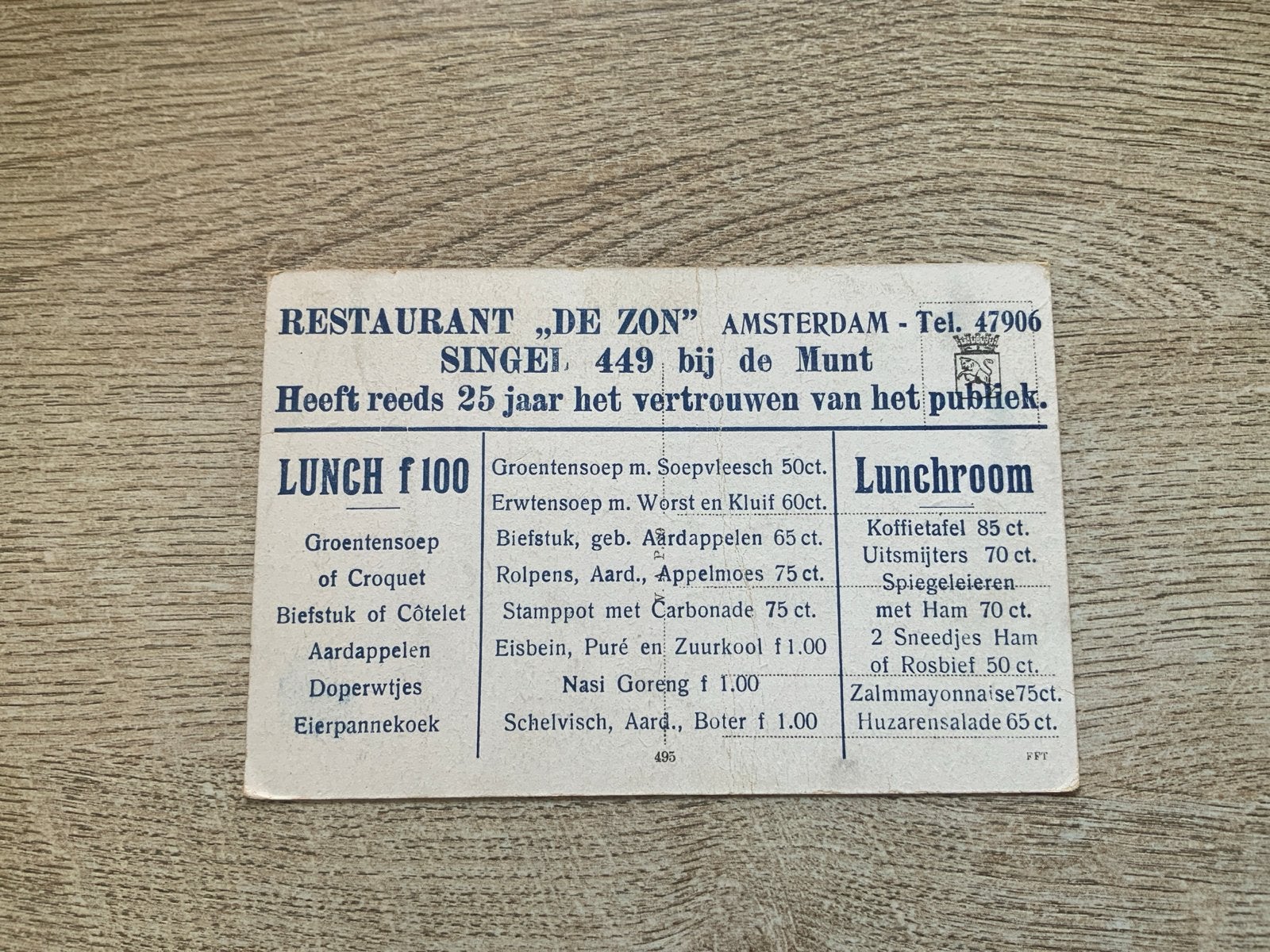 Oude menukaart Restaurant De Zon Amsterdam.Vooroorlogs, Verzamelen, Merken en Reclamevoorwerpen, Gebruikt, Overige typen, Ophalen of Verzenden