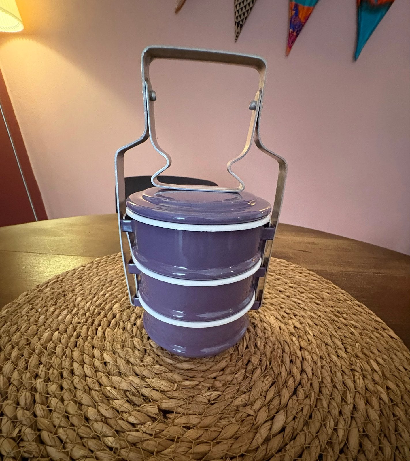 Vintage paarse Tiffin lunchbox - 3 lagen, Ophalen of Verzenden