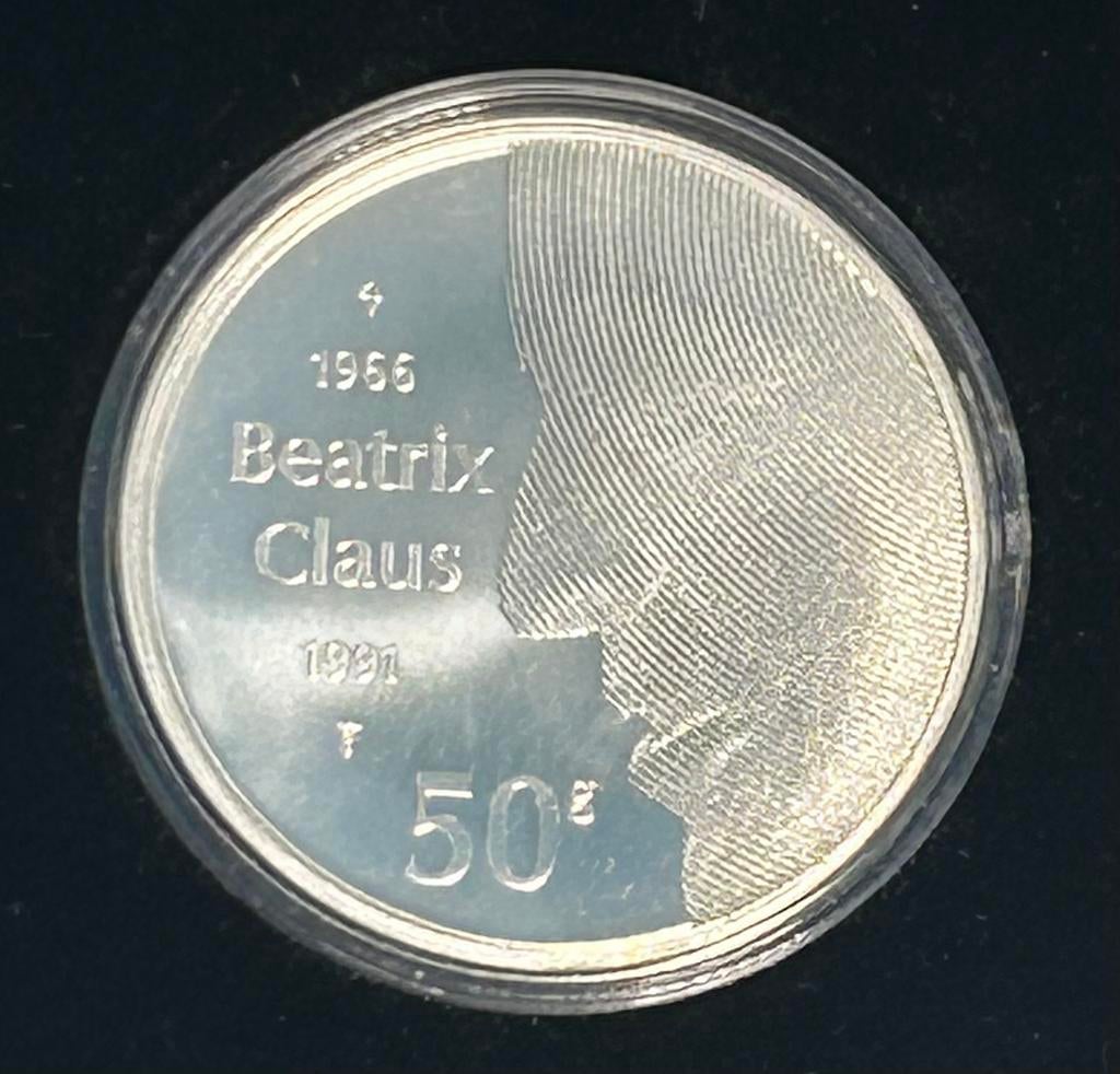 50 gulden munt, zilveren huwelijk Beatrix en Claus, 1991 FDC, Koningin Beatrix, Zilver, Ophalen of Verzenden, Losse munt