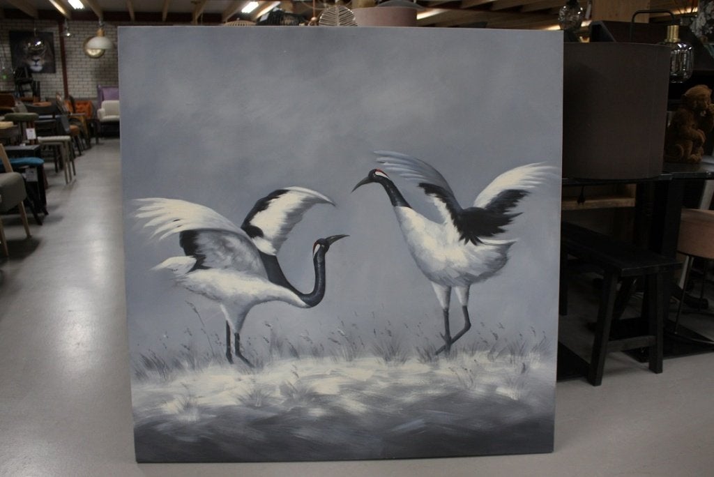 3 x vierkant schilderij Japanse Kraanvogel canvas 120x120, Ophalen, Zo goed als nieuw, 125 cm of meer, Schilderij