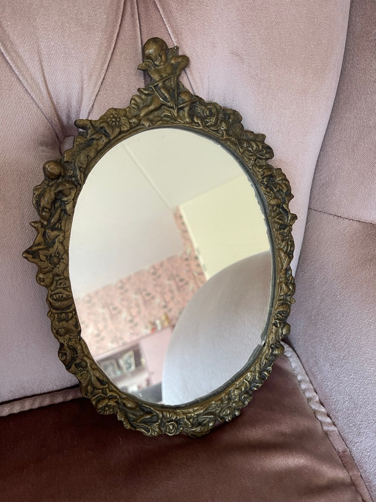 Vintage ovaal spiegel met engeltje - kleine beschadiging, Ophalen, Ovaal, Minder dan 50 cm, Minder dan 100 cm