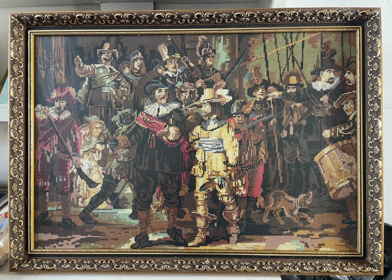 Geborduurde nachtwacht met fraaie lijst, Ophalen of Verzenden