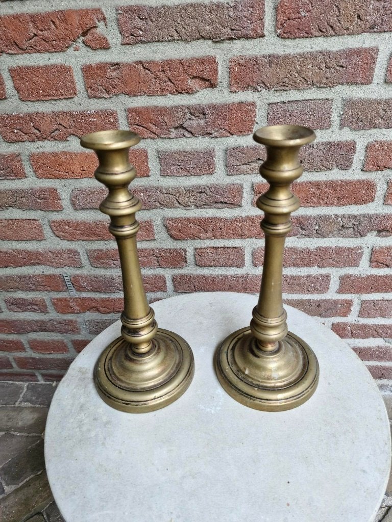 2 messing (geel koper) kandelaars en meer messing items, Gebruikt, Geel, Ophalen of Verzenden, Metaal