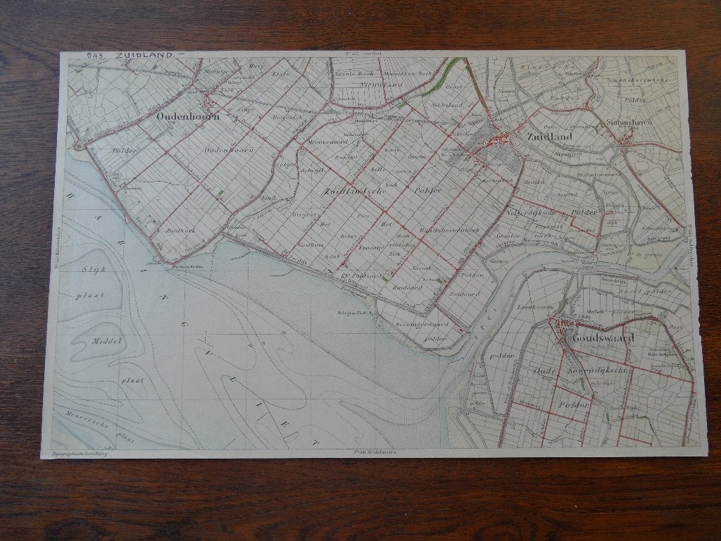 goudswaard  zuidland  oudenhoorn  stafkaart 1890 41x26cm, Antiek en Kunst, Ophalen of Verzenden