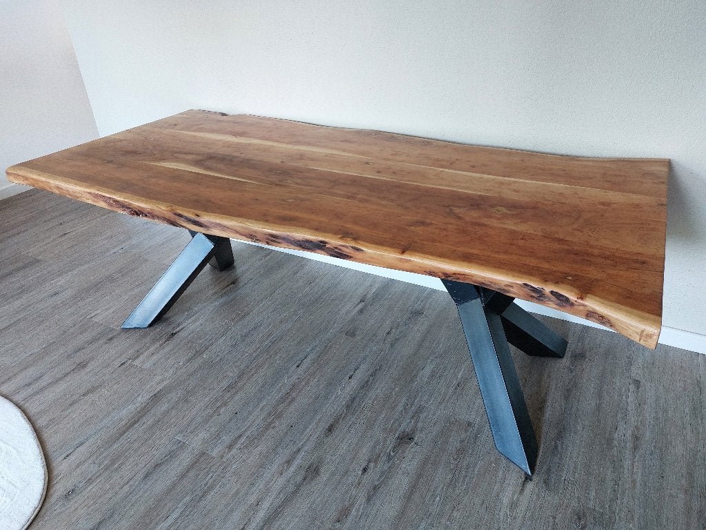 Boomstam tafel acacia 220cm x 100cm, Ophalen, 200 cm of meer, 50 tot 100 cm, Zo goed als nieuw