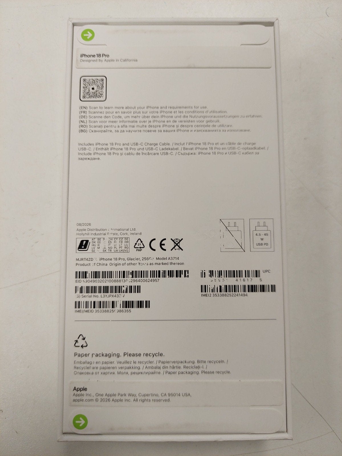 Apple iPhone 18 Pro Glacier 256GB - Nieuw in Doos, Telecommunicatie, 256 GB, Nieuw, Ophalen of Verzenden, Zonder simlock