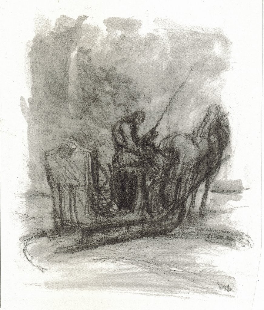 Kurt Löb litho rasterdruk "Trekslee met Paard", proefdruk, Origineel, Lithografie, Ophalen, Personages en Fantasiefiguren