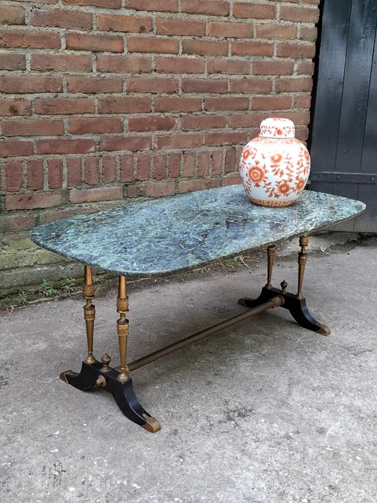 Oude vintage groene marmeren salontafel messing brass marble, Ophalen of Verzenden