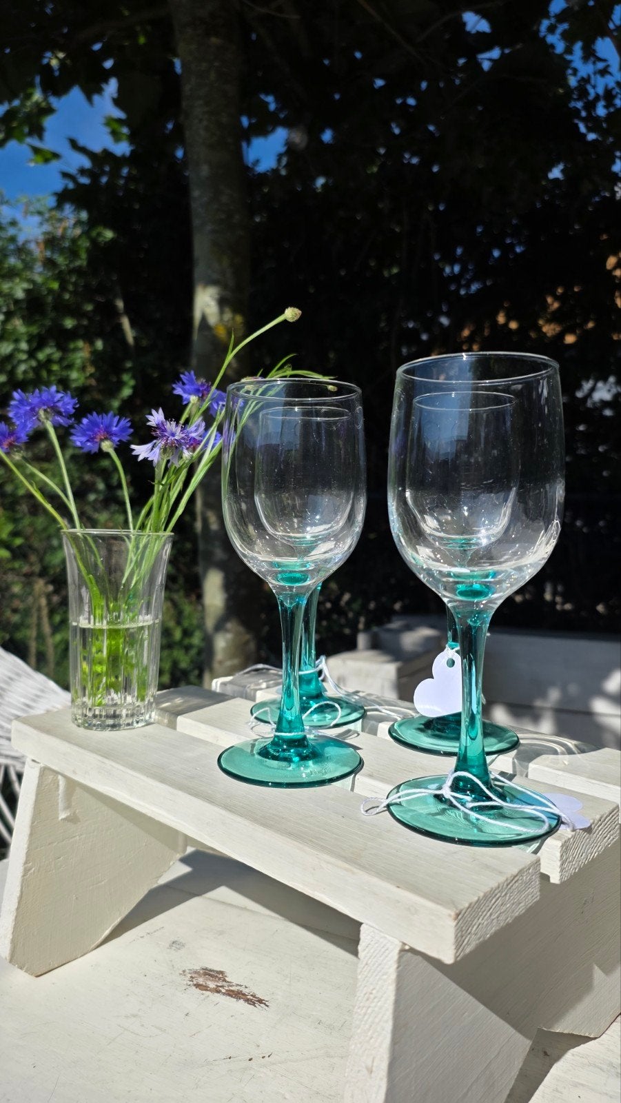 4 Vintage Wijnglazen met Aqua Voet - H18 B7, glazen, Ophalen of Verzenden